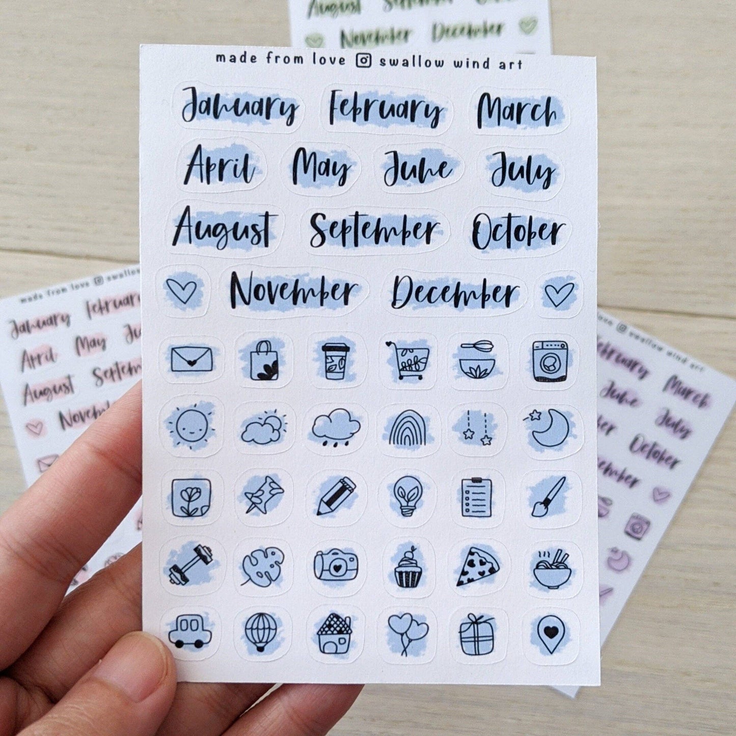Sticker Sheet - Functinal Month Script Stickers, Mixed Icon : Sky Blue