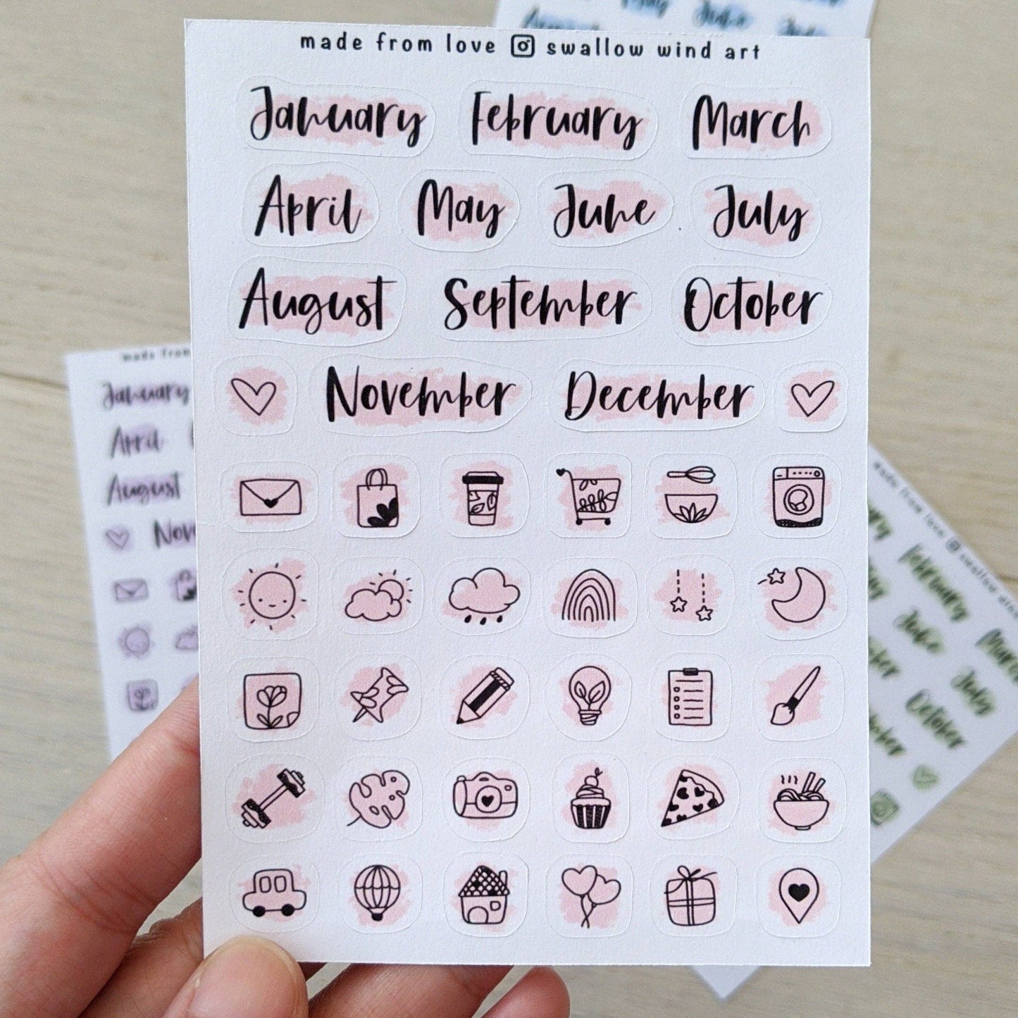 Sticker Sheet - Functinal Month Script Stickers, Mixed Icon : Rose Pink