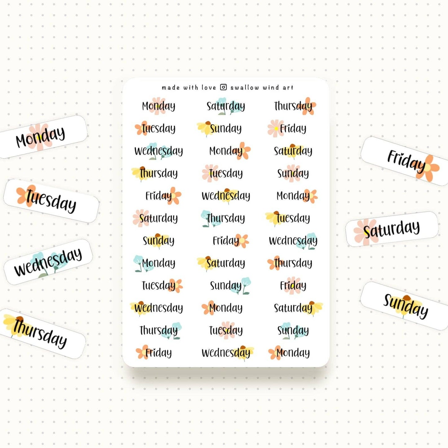 Sticker Sheet - Functional Days of the Week Floral Stickers