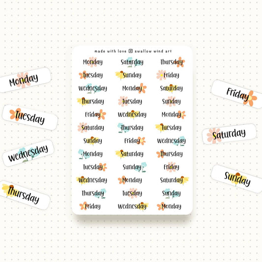 Sticker Sheet - Functional Days of the Week Floral Stickers